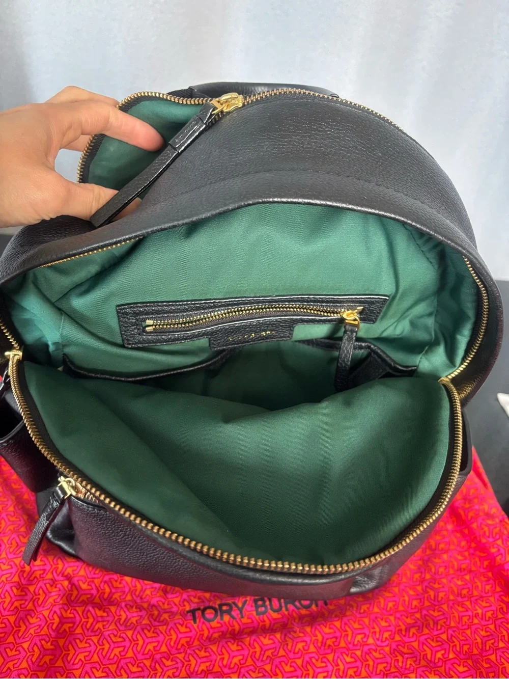 Tory Burch Perry Bombé Black Leather Backpack with Gold Hardware